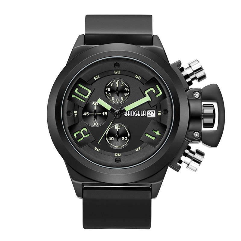 Baogela Chronograph Watch Топ марка Луксозен светещ силиконов кварцов китки часовници Военни спортен часовник за човек 1606 Зелено