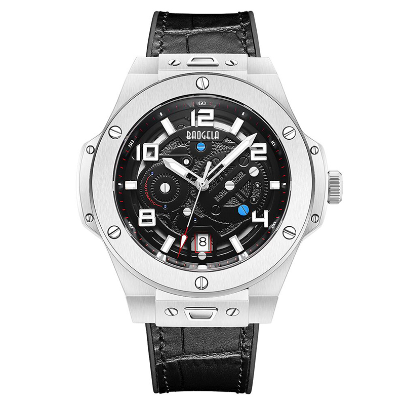 Baogela Men \'S Watch Mechanical Watch Автоматичен кухи модни мъже светещ голям циферблат 50м водоустойчив часовник 2001 черен
