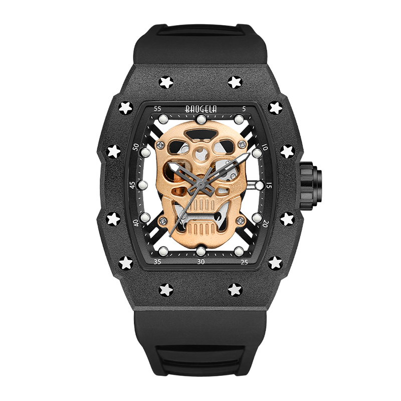 Baogela Skull Tonneau Watch Top Brand Quartz от неръждаема стомана часовници водоустойчив творчески часовник Силиконов каишка за китката Роза 4141